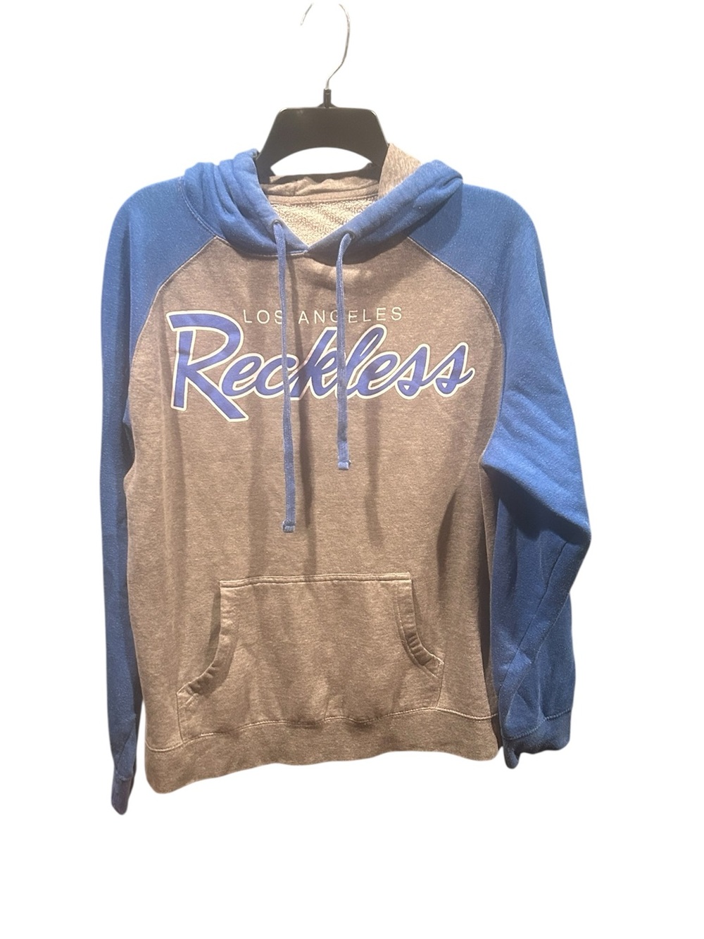 Young & Reckless Los Angeles Hoodie Mens Medium Gray Blue Spellout Pullover Y&R